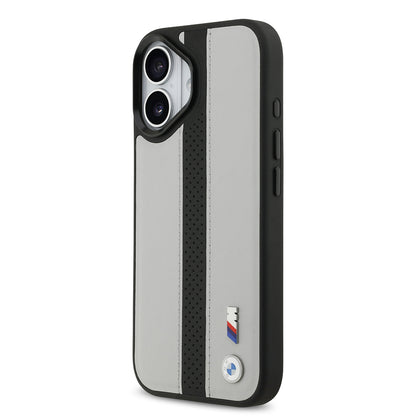 iPhone 17 Kılıf BMW Orjinal Lisanslı M-safe Şarj Özellikli Deri Arka Yüzey Metal Logolu Delikli Şerit Tasarımlı Kılıf