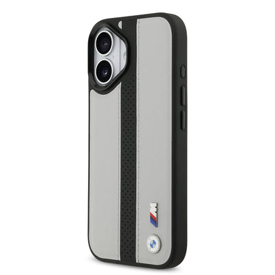 Apple iPhone 17 Kılıf BMW Orjinal Lisanslı M-safe Şarj Özellikli Deri Arka Yüzey Metal Logolu Delikli Şerit Tasarımlı Kapak Gri
