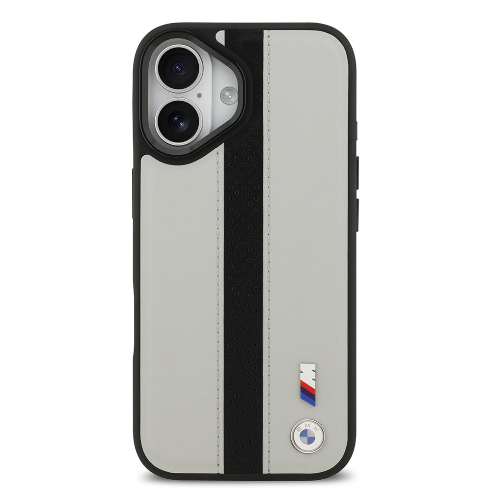 iPhone 17 Kılıf BMW Orjinal Lisanslı M-safe Şarj Özellikli Deri Arka Yüzey Metal Logolu Delikli Şerit Tasarımlı Kılıf