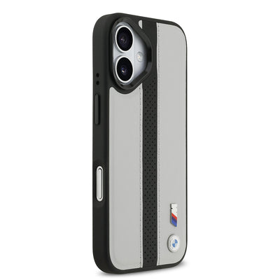 Apple iPhone 17 Kılıf BMW Orjinal Lisanslı M-safe Şarj Özellikli Deri Arka Yüzey Metal Logolu Delikli Şerit Tasarımlı Kapak Gri