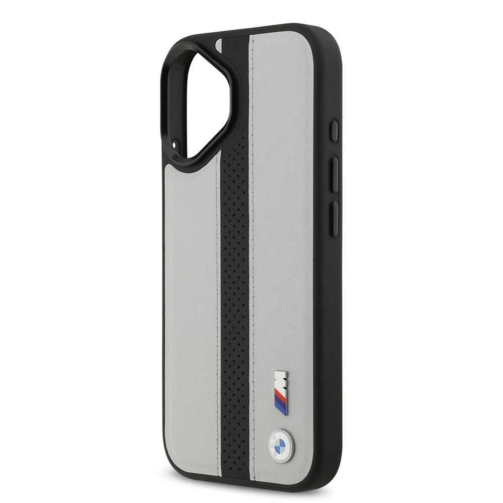 iPhone 17 Kılıf BMW Orjinal Lisanslı M-safe Şarj Özellikli Deri Arka Yüzey Metal Logolu Delikli Şerit Tasarımlı Kılıf