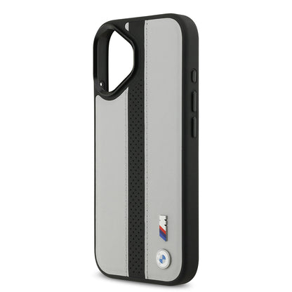 iPhone 17 Kılıf BMW Orjinal Lisanslı M-safe Şarj Özellikli Deri Arka Yüzey Metal Logolu Delikli Şerit Tasarımlı Kılıf