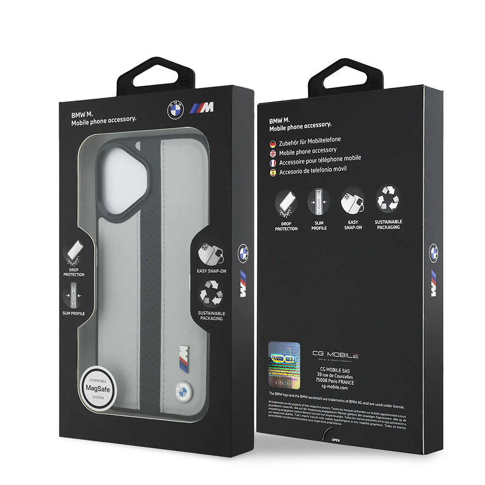 iPhone 17 Kılıf BMW Orjinal Lisanslı M-safe Şarj Özellikli Deri Arka Yüzey Metal Logolu Delikli Şerit Tasarımlı Kılıf