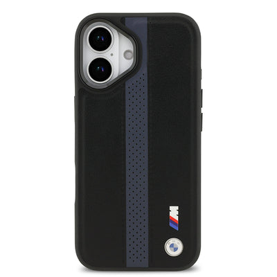 Apple iPhone 17 Kılıf BMW Orjinal Lisanslı M-safe Şarj Özellikli Deri Arka Yüzey Metal Logolu Delikli Şerit Tasarımlı Kapak Mavi