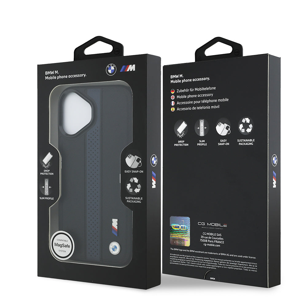 iPhone 17 Kılıf BMW Orjinal Lisanslı M-safe Şarj Özellikli Deri Arka Yüzey Metal Logolu Delikli Şerit Tasarımlı Kılıf