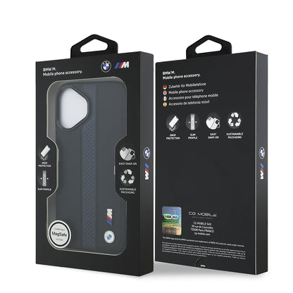 iPhone 17 Kılıf BMW Orjinal Lisanslı M-safe Şarj Özellikli Deri Arka Yüzey Metal Logolu Delikli Şerit Tasarımlı Kılıf