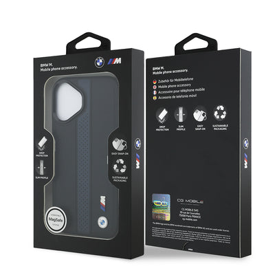 Apple iPhone 17 Kılıf BMW Orjinal Lisanslı M-safe Şarj Özellikli Deri Arka Yüzey Metal Logolu Delikli Şerit Tasarımlı Kapak Mavi