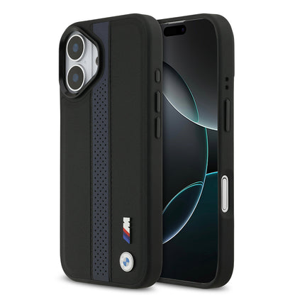 iPhone 17 Kılıf BMW Orjinal Lisanslı M-safe Şarj Özellikli Deri Arka Yüzey Metal Logolu Delikli Şerit Tasarımlı Kılıf