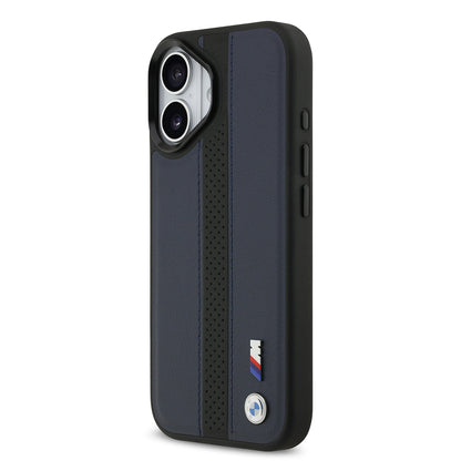 iPhone 17 Kılıf BMW Orjinal Lisanslı M-safe Şarj Özellikli Deri Arka Yüzey Metal Logolu Delikli Şerit Tasarımlı Kılıf