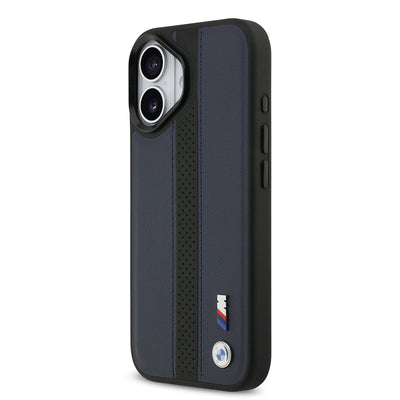 Apple iPhone 17 Kılıf BMW Orjinal Lisanslı M-safe Şarj Özellikli Deri Arka Yüzey Metal Logolu Delikli Şerit Tasarımlı Kapak Mavi