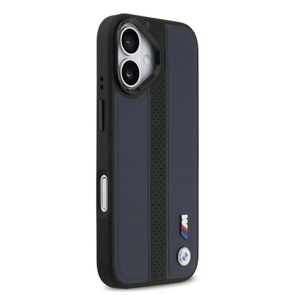 iPhone 17 Kılıf BMW Orjinal Lisanslı M-safe Şarj Özellikli Deri Arka Yüzey Metal Logolu Delikli Şerit Tasarımlı Kılıf