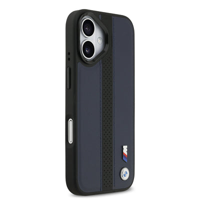 Apple iPhone 17 Kılıf BMW Orjinal Lisanslı M-safe Şarj Özellikli Deri Arka Yüzey Metal Logolu Delikli Şerit Tasarımlı Kapak Lacivert