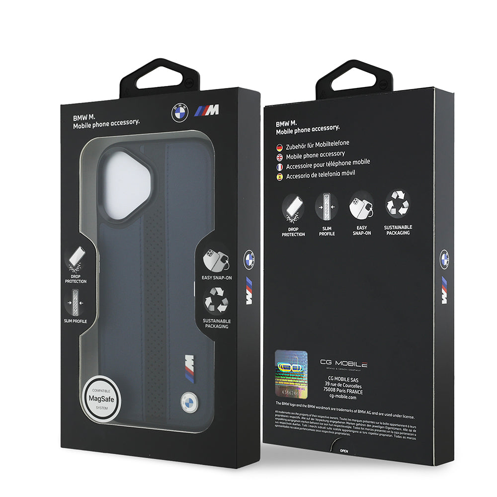 iPhone 17 Kılıf BMW Orjinal Lisanslı M-safe Şarj Özellikli Deri Arka Yüzey Metal Logolu Delikli Şerit Tasarımlı Kılıf