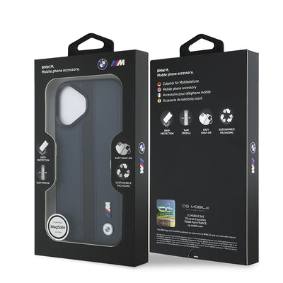 Apple iPhone 17 Kılıf BMW Orjinal Lisanslı M-safe Şarj Özellikli Deri Arka Yüzey Metal Logolu Delikli Şerit Tasarımlı Kapak Lacivert