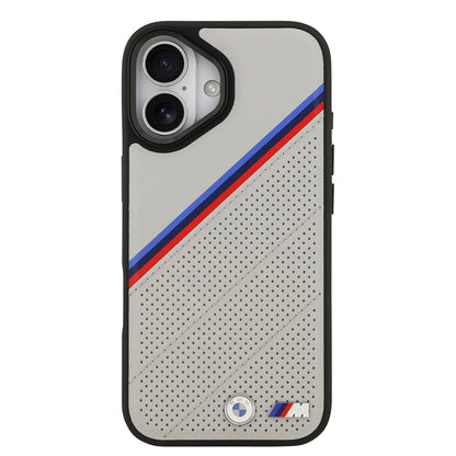 iPhone 17 Kılıf BMW Orjinal Lisanslı M-safe Şarj Özellikli M Logolu Üç Şeritli Delikli Deri Kılıf