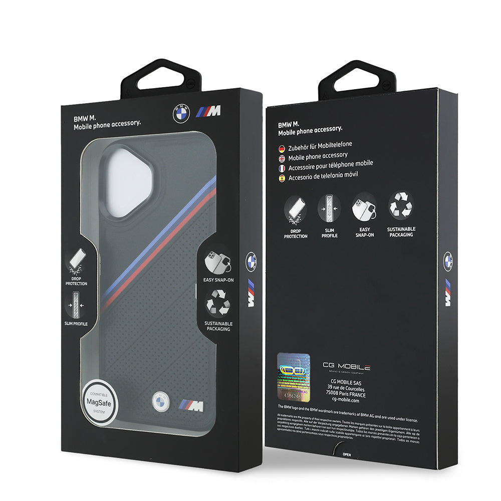 iPhone 17 Kılıf BMW Orjinal Lisanslı M-safe Şarj Özellikli M Logolu Üç Şeritli Delikli Deri Kılıf