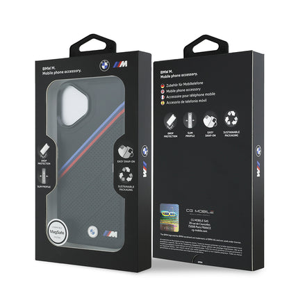 iPhone 17 Kılıf BMW Orjinal Lisanslı M-safe Şarj Özellikli M Logolu Üç Şeritli Delikli Deri Kılıf