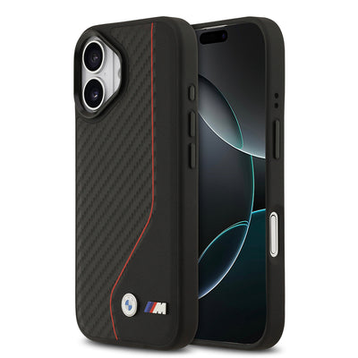 Apple iPhone 17 Kılıf BMW Orjinal Lisanslı M-safe Şarj Özellikli Metal BMW ve M Logolu PU Karbon Tasarımlı Kapak Kırmızı