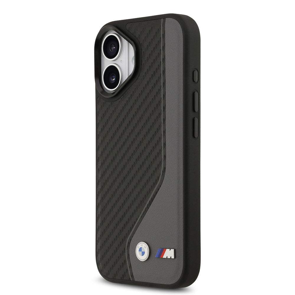 Apple iPhone 17 Kılıf BMW Orjinal Lisanslı M-safe Şarj Özellikli Metal BMW ve M Logolu PU Karbon Tasarımlı Kapak Siyah