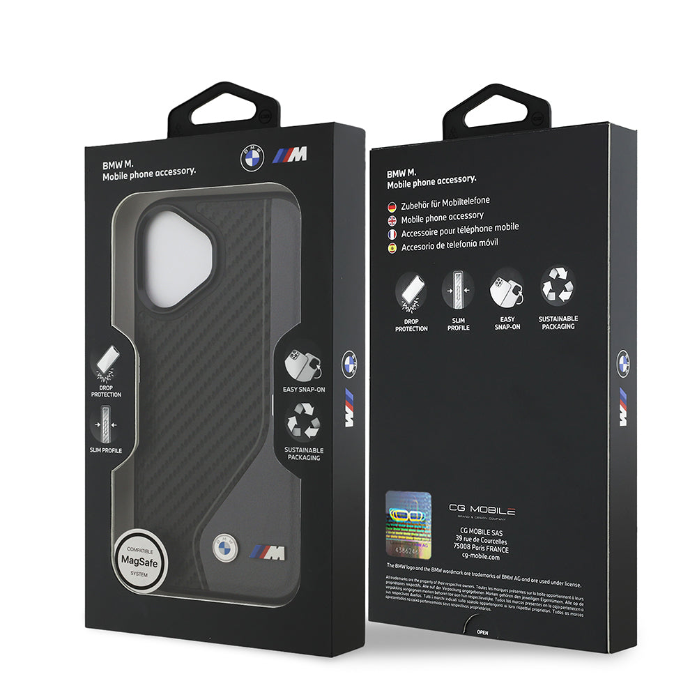 Apple iPhone 17 Kılıf BMW Orjinal Lisanslı M-safe Şarj Özellikli Metal BMW ve M Logolu PU Karbon Tasarımlı Kapak Kırmızı