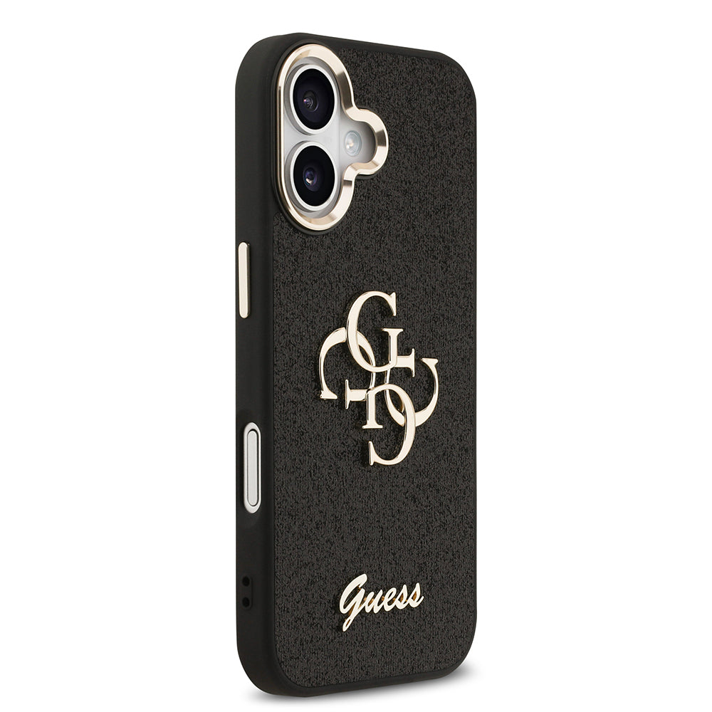 Apple iPhone 17 Kılıf Guess Orjinal Lisanslı 4G Büyük Metal Kamera Çerçeveli ve Logolu Glitter Kapak Siyah