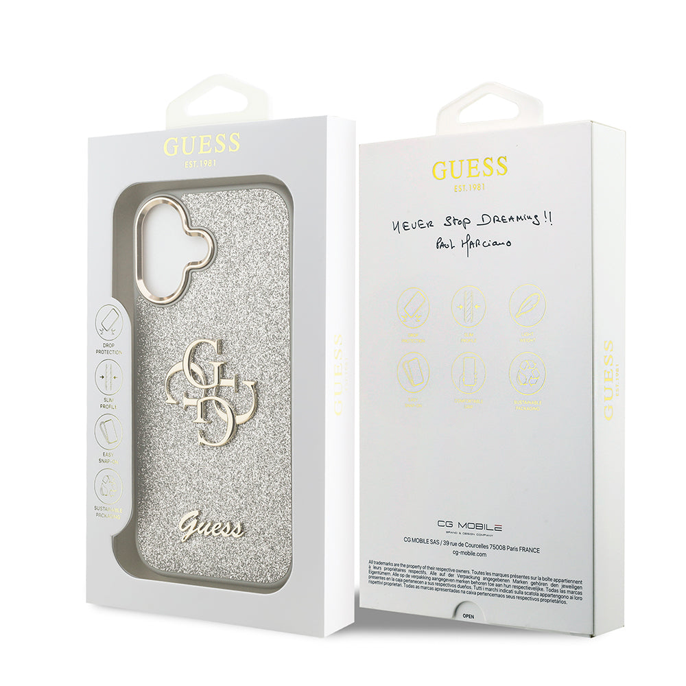 iPhone 17 Kılıf Guess Orjinal Lisanslı 4G Büyük Metal Kamera Çerçeveli ve Logolu Glitter Kılıf