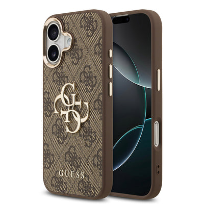 Apple iPhone 17 Kılıf Guess Orjinal Lisanslı Gold Metal Kamera Çerçeveli 4G Desenli Metal Büyük 4G ve Yazı Logolu Kapak Siyah