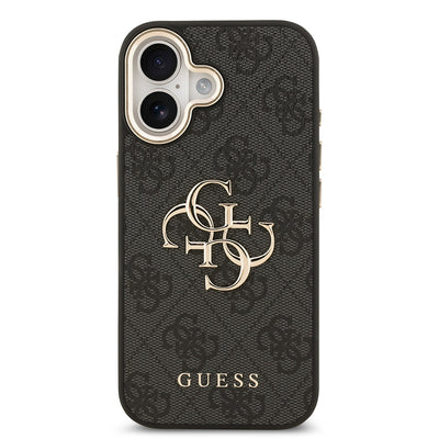 Apple iPhone 17 Kılıf Guess Orjinal Lisanslı Gold Metal Kamera Çerçeveli 4G Desenli Metal Büyük 4G ve Yazı Logolu Kapak Siyah