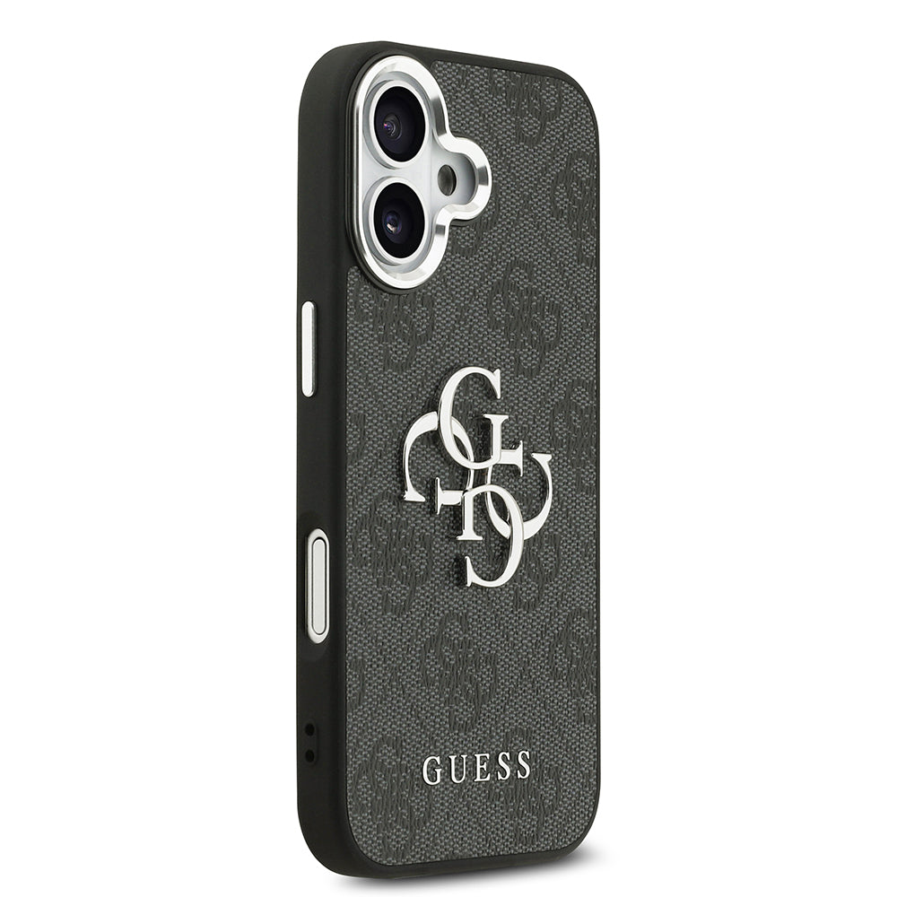 iPhone 17 Kılıf Guess Orjinal Lisanslı Gümüş Metal Kamera Çerçeveli 4G Desenli Metal Büyük 4G ve Yazı Logolu Kılıf