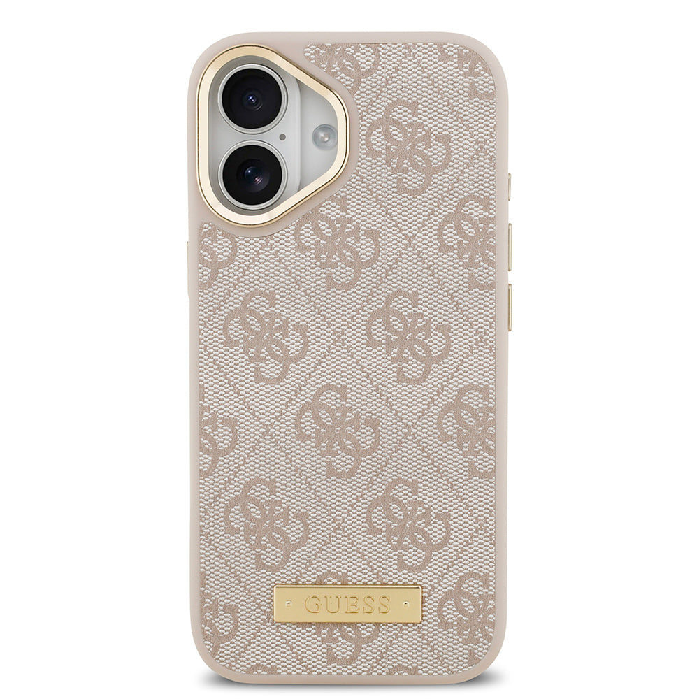 iPhone 17 Kılıf Guess Orjinal Lisanslı M-safe Şarj Özellikli 4G Desenli PU Metal Plaka Klasik Logolu Kılıf