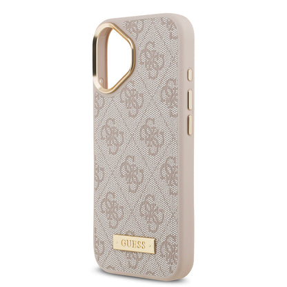 iPhone 17 Kılıf Guess Orjinal Lisanslı M-safe Şarj Özellikli 4G Desenli PU Metal Plaka Klasik Logolu Kılıf