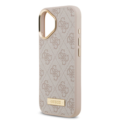 Apple iPhone 17 Kılıf Guess Orjinal Lisanslı M-safe Şarj Özellikli 4G Desenli PU Metal Plaka Klasik Logolu Kapak Kahverengi