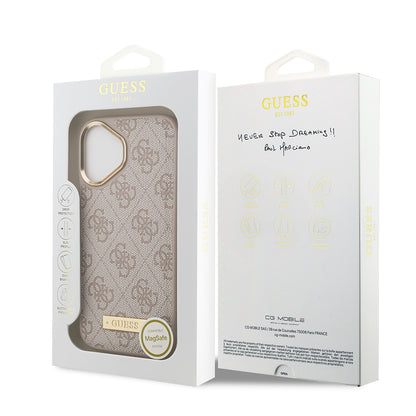 iPhone 17 Kılıf Guess Orjinal Lisanslı M-safe Şarj Özellikli 4G Desenli PU Metal Plaka Klasik Logolu Kılıf