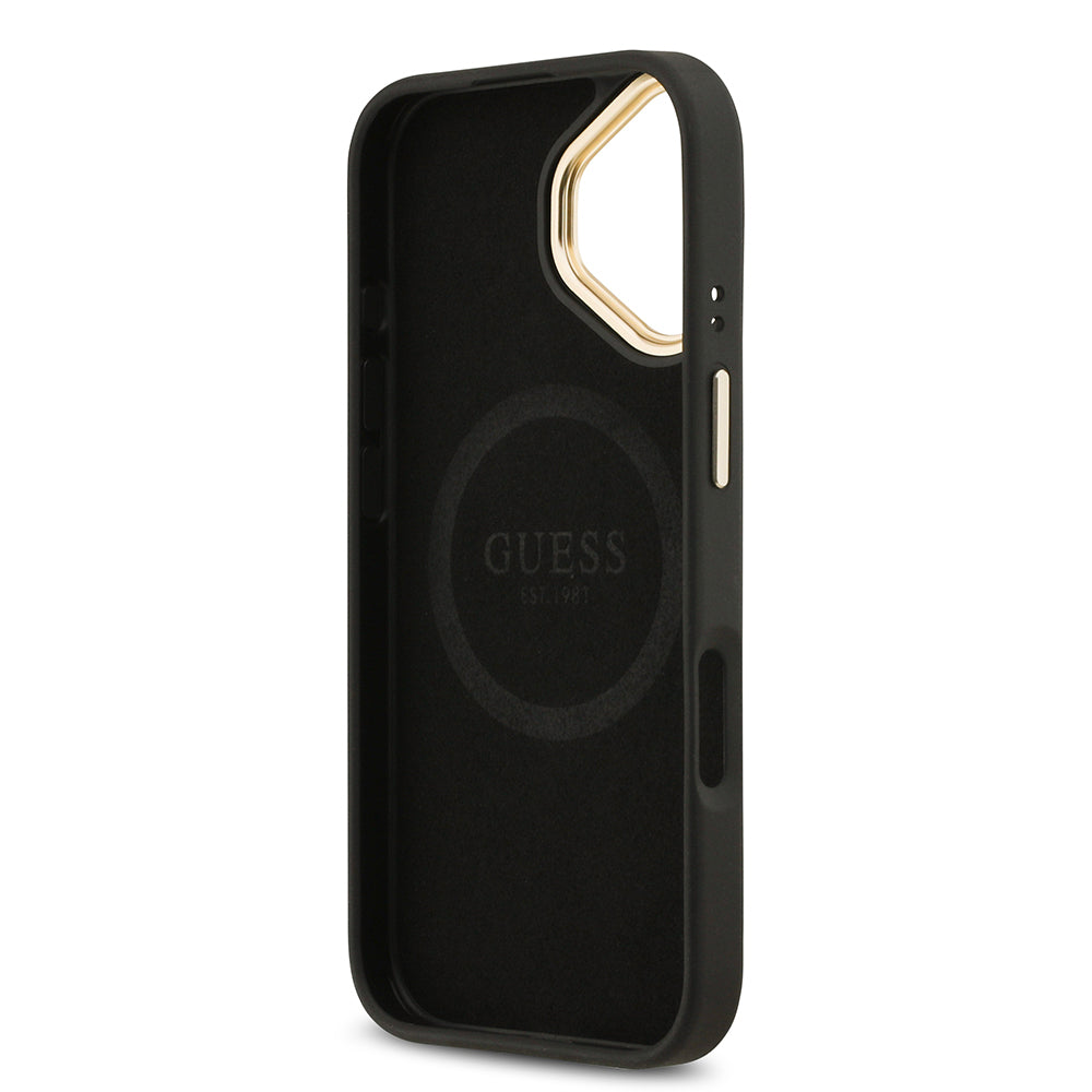 iPhone 17 Kılıf Guess Orjinal Lisanslı M-safe Şarj Özellikli 4G Desenli PU Metal Plaka Klasik Logolu Kılıf