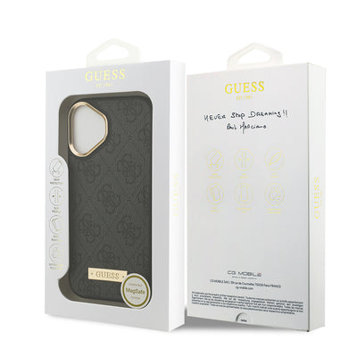 Apple iPhone 17 Kılıf Guess Orjinal Lisanslı M-safe Şarj Özellikli 4G Desenli PU Metal Plaka Klasik Logolu Kapak Kahverengi