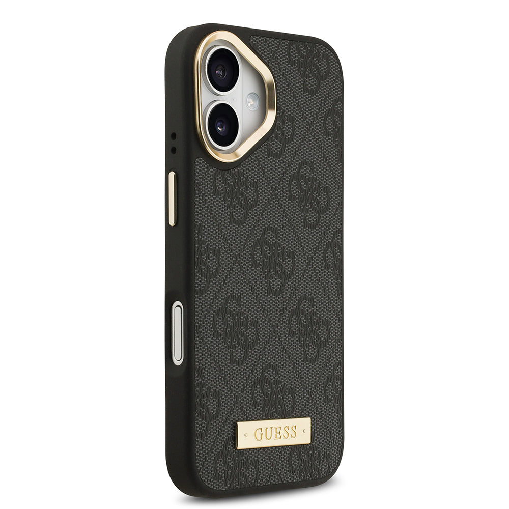 iPhone 17 Kılıf Guess Orjinal Lisanslı M-safe Şarj Özellikli 4G Desenli PU Metal Plaka Klasik Logolu Kılıf