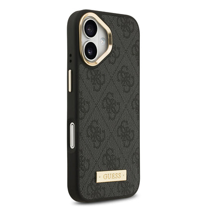 iPhone 17 Kılıf Guess Orjinal Lisanslı M-safe Şarj Özellikli 4G Desenli PU Metal Plaka Klasik Logolu Kılıf