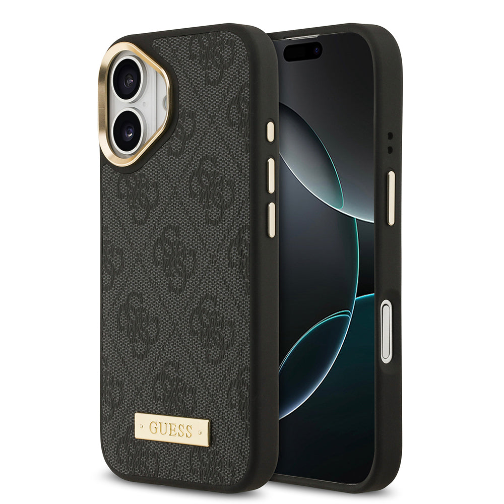 iPhone 17 Kılıf Guess Orjinal Lisanslı M-safe Şarj Özellikli 4G Desenli PU Metal Plaka Klasik Logolu Kılıf