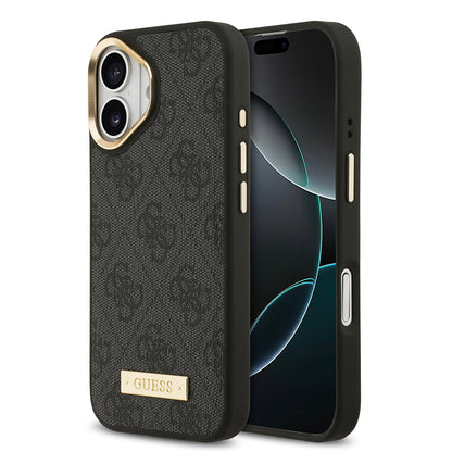 iPhone 17 Kılıf Guess Orjinal Lisanslı M-safe Şarj Özellikli 4G Desenli PU Metal Plaka Klasik Logolu Kılıf