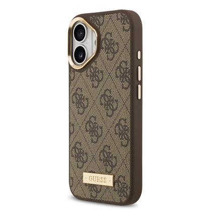 iPhone 17 Kılıf Guess Orjinal Lisanslı M-safe Şarj Özellikli 4G Desenli PU Metal Plaka Klasik Logolu Kılıf