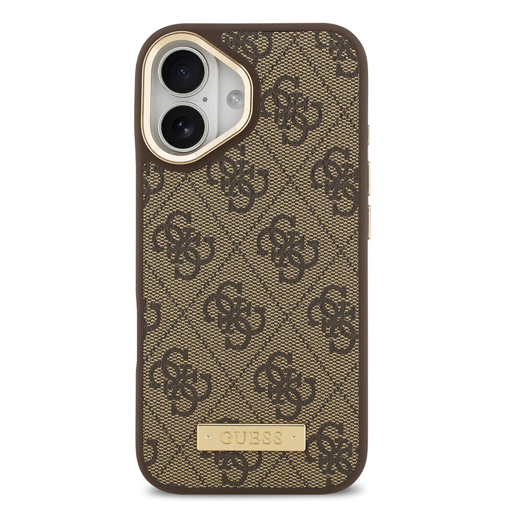 iPhone 17 Kılıf Guess Orjinal Lisanslı M-safe Şarj Özellikli 4G Desenli PU Metal Plaka Klasik Logolu Kılıf