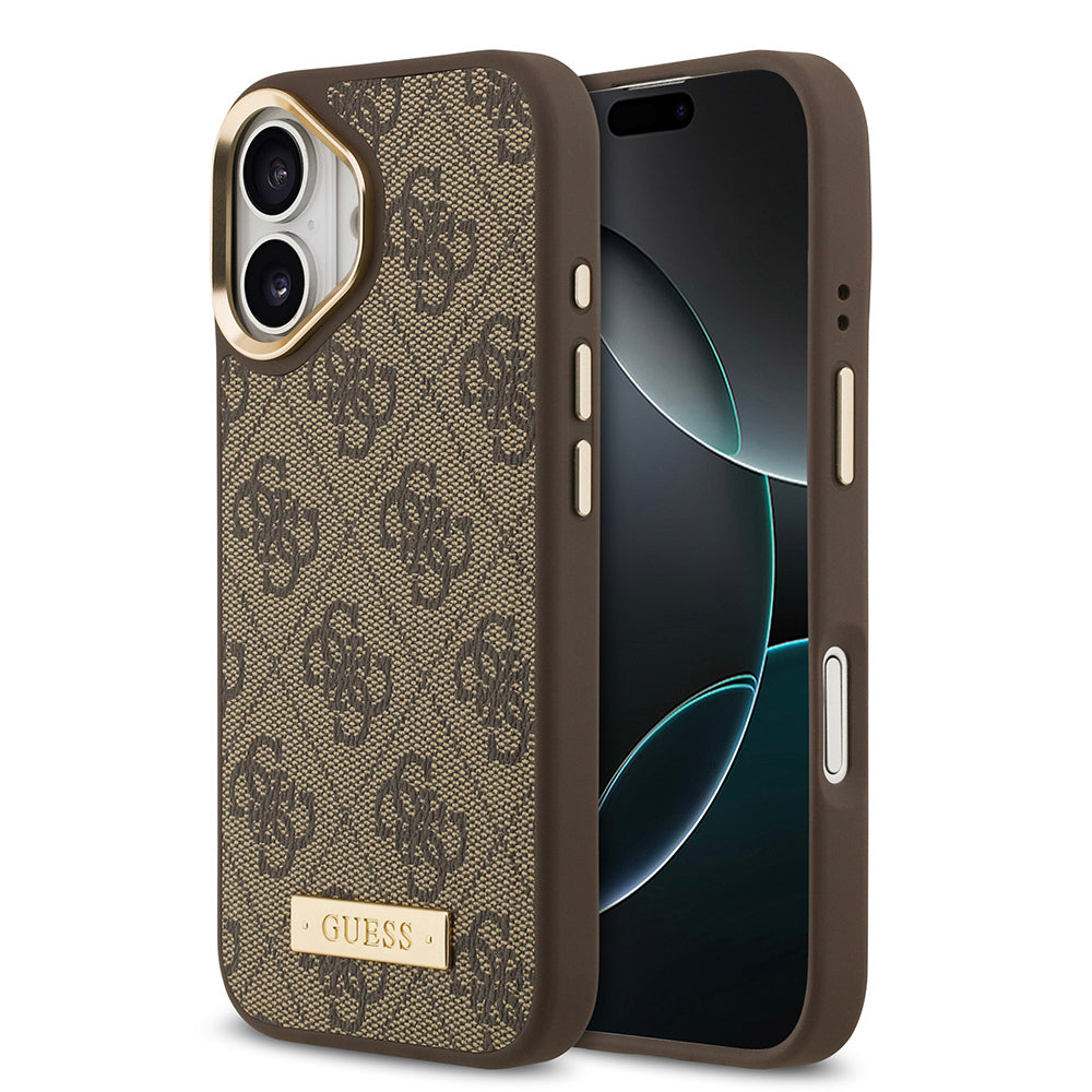 iPhone 17 Kılıf Guess Orjinal Lisanslı M-safe Şarj Özellikli 4G Desenli PU Metal Plaka Klasik Logolu Kılıf