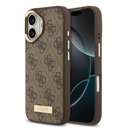 iPhone 17 Kılıf Guess Orjinal Lisanslı M-safe Şarj Özellikli 4G Desenli PU Metal Plaka Klasik Logolu Kılıf