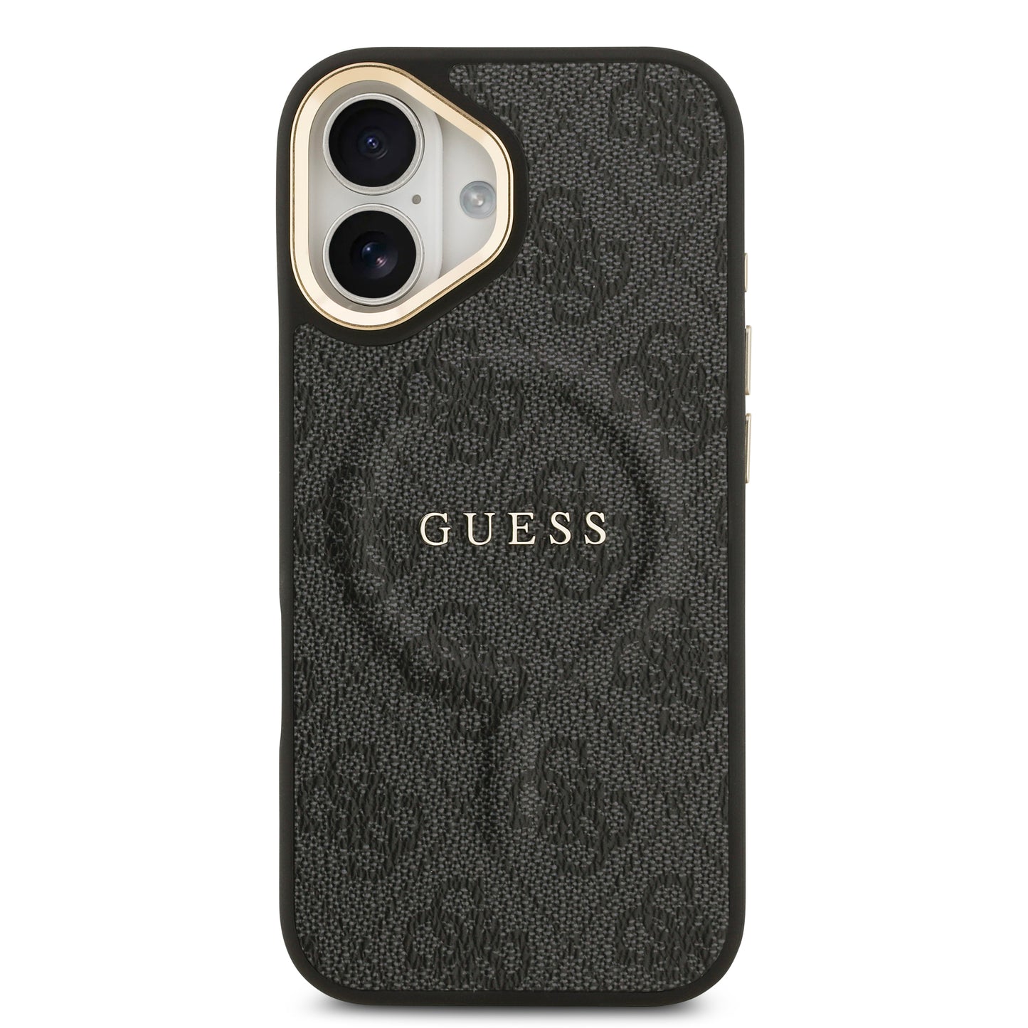 iPhone 17 Kılıf Guess Orjinal Lisanslı M-safe Şarj Özellikli Gold Metal Kamera Çerçeveli PU Deri 4G Desenli Yazı Logolu Kılıf