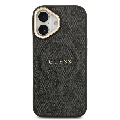 iPhone 17 Kılıf Guess Orjinal Lisanslı M-safe Şarj Özellikli Gold Metal Kamera Çerçeveli PU Deri 4G Desenli Yazı Logolu Kılıf