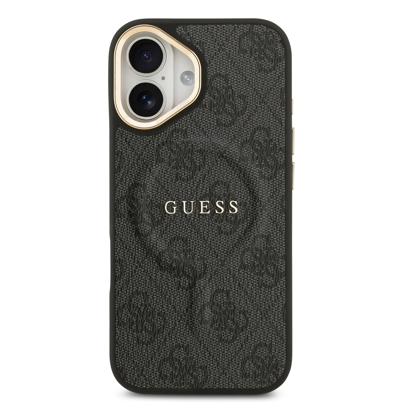 Apple iPhone 17 Kılıf Guess Orjinal Lisanslı M-safe Şarj Özellikli Gold Metal Kamera Çerçeveli PU Deri 4G Desenli Yazı Logolu Kapak Kahverengi