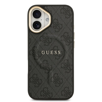 Apple iPhone 17 Kılıf Guess Orjinal Lisanslı M-safe Şarj Özellikli Gold Metal Kamera Çerçeveli PU Deri 4G Desenli Yazı Logolu Kapak Kahverengi