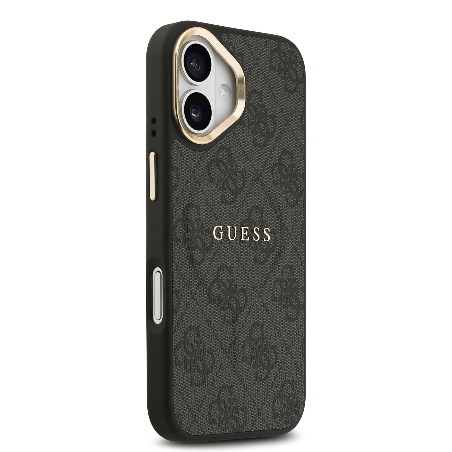 iPhone 17 Kılıf Guess Orjinal Lisanslı M-safe Şarj Özellikli Gold Metal Kamera Çerçeveli PU Deri 4G Desenli Yazı Logolu Kılıf