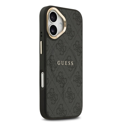 iPhone 17 Kılıf Guess Orjinal Lisanslı M-safe Şarj Özellikli Gold Metal Kamera Çerçeveli PU Deri 4G Desenli Yazı Logolu Kılıf
