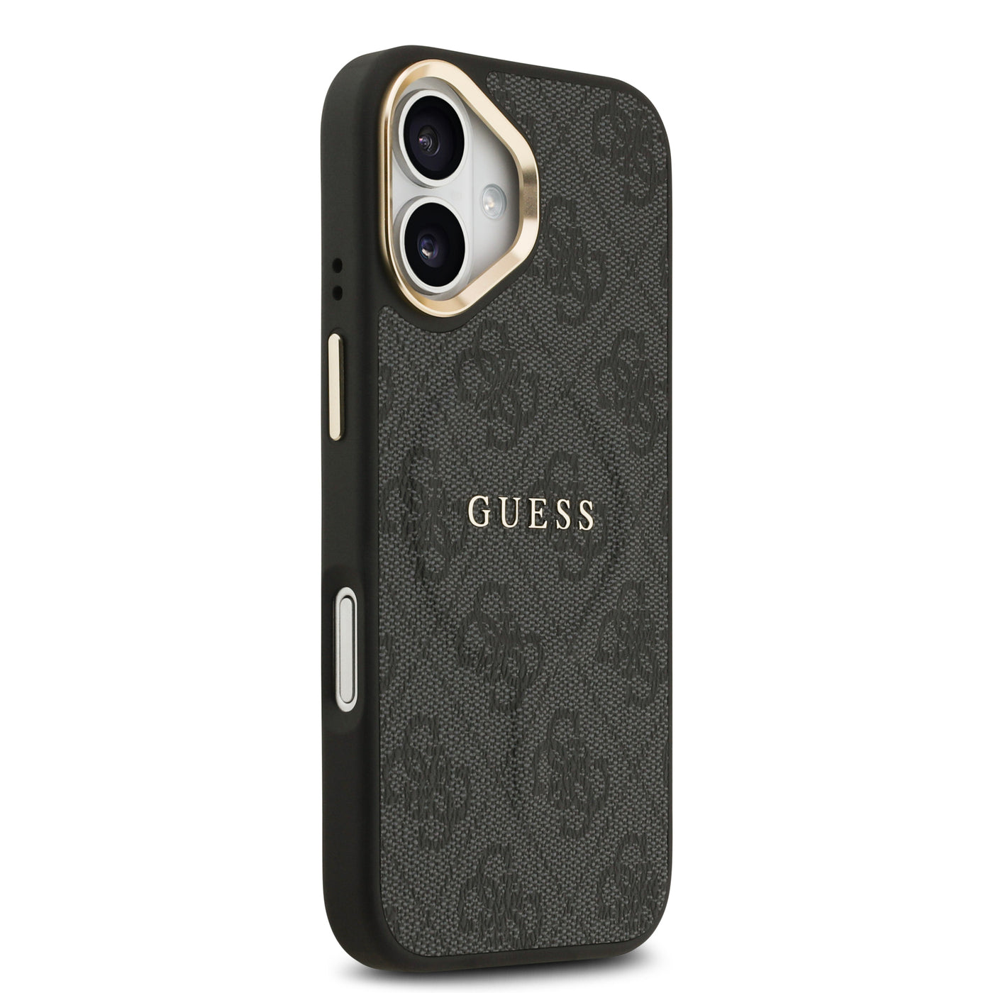 Apple iPhone 17 Kılıf Guess Orjinal Lisanslı M-safe Şarj Özellikli Gold Metal Kamera Çerçeveli PU Deri 4G Desenli Yazı Logolu Kapak Kahverengi